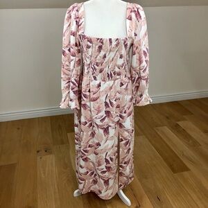 House of Harlow 1960 Linen Smocked Midi Dress Bishop Sleeve Size Large